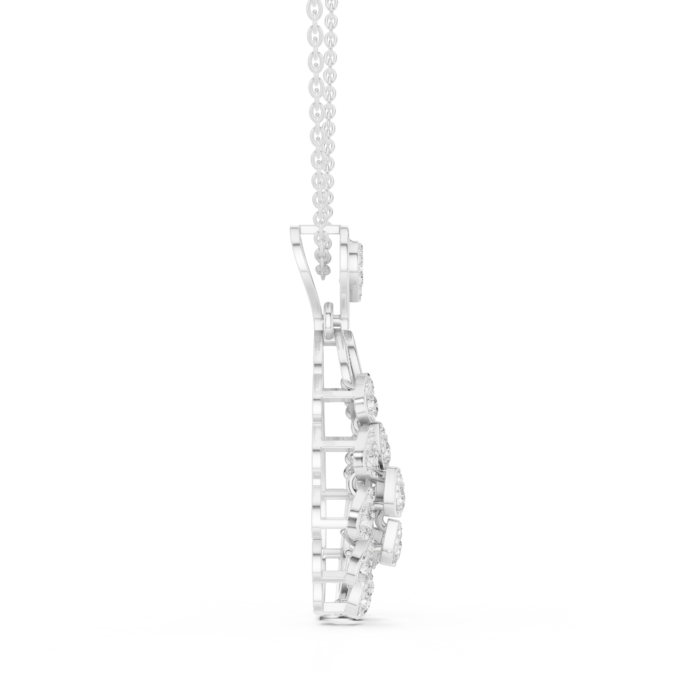 9#10013P@W-#viwe3 Dewdrop — shaped like a water drop Lattice — net/jali pattern inside Diamond — real diamonds set throughout Pendant Necklace — hangs on a chain